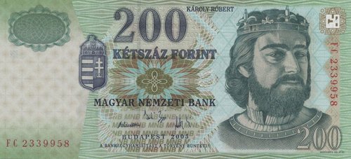 El billete, que entró en circulación en 1998, con Róbert Károly grabado por Károly Vagyóczky