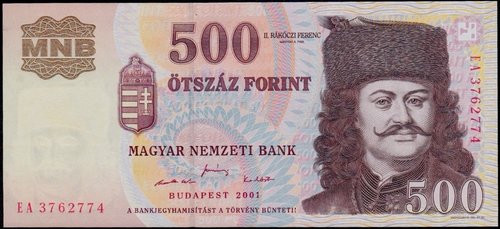Billete húngaro de 2001 diseñado durante los años noventa por Károly Vagyóczky, que grabó además el retrato de Ferenc Rákóczi II. György Pálinkás grabó la viñeta del reverso