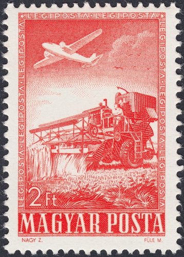 Hungría, 1950. Agricultura, segadora. Sello diseñado por Zoltán Nagy y grabado por Mihály Füle