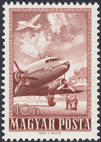 Hungría, 1950. Aeropuerto de Budaörs. Sello diseñado y grabado por Zoltán Nagy