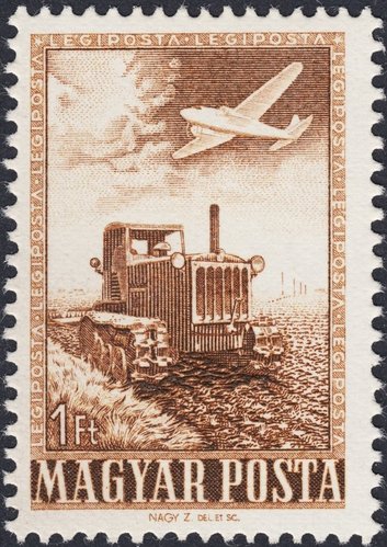 Hungría, 1950. Agricultura, tractor. Sello diseñado y grabado por Zoltán Nagy