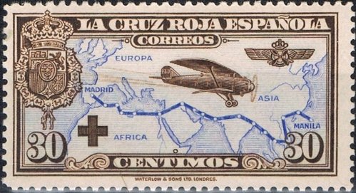 Uno de los cinco valores (30c) del sello de Correo Aéreo emitido en 1926. Calcografía