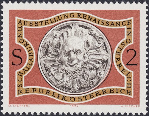 Austria, 1974, Exhibición “Renacimiento en Austria”. Sátiro de terracota del Castillo de Schallaburg. Diseño de Stefferl y grabado de la viñeta de Alfred Fischer. Impresión en huecograbado y calcografía