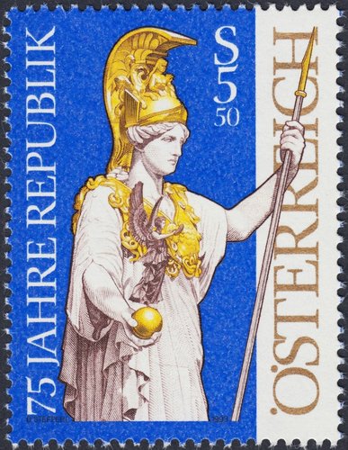 Austria, 1993. Estatua de Palas Atenea, Parlamento de Austria en Viena. Diseño y grabado de Otto Stefferl. Impresión en huecograbado y calcografía
