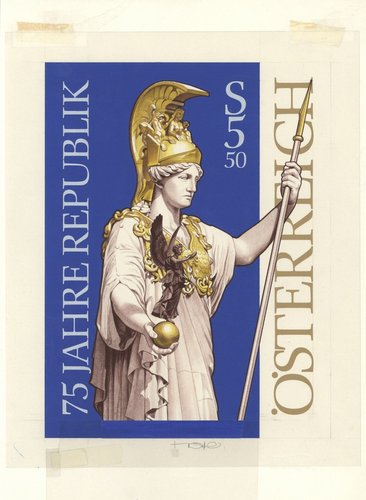 Diseño aprobado para el sello de 1993 que recordaba los 75 años de la I República Austríaca. Pintura acrílica y lápiz sobre cartulina, 29 x 22 cm