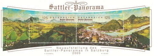 Austria, 2005, “Panorama de Salzburgo” (1829), de Johann Michael Sattler, 4.86 × 25.81 metros, óleo sobre lienzo. Diseño de Peter Sinawehl y grabado de Wolfgang Seidel. Impresión mixta en huecograbado y calcografía
