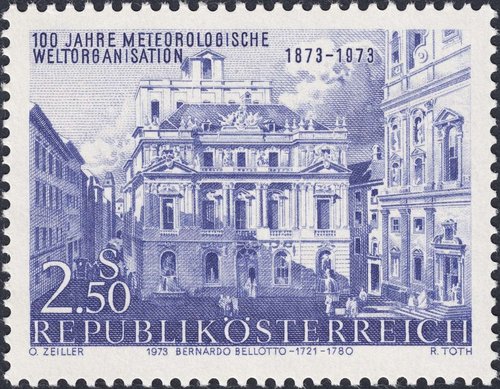 Austria, 1973, Vista de Viena, Plaza de la Universidad. Centenario de la antigua Organización Meteorológica Internacional, fundada en Viena en 1873. Diseño de Otto Zeiller y grabado de Rudolf Toth