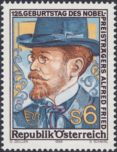 Austria, 1989, sello dedicado a Alfred Fried. Diseño de Otto Zeiller (1913-1988) y grabado de Gerhart Schmirl