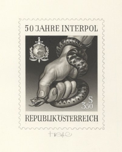 Diseño alternativo de Otto Stefferl para el sello de Interpol de 1973. Pintura acrílica y lápiz, 11 x 8.3 cm