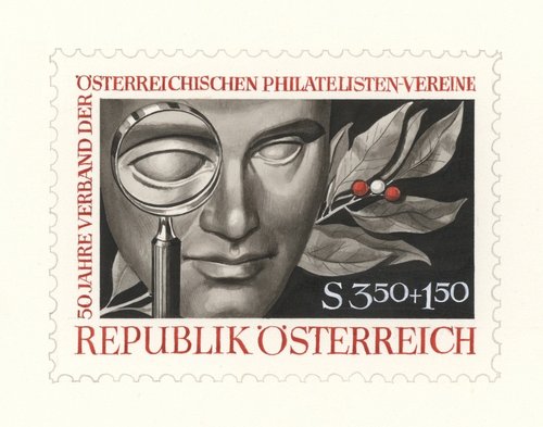 Otro de los diseños de Stefferl descartados para el sello de 1971 emitido por Austria. Pintura acrílica y lápiz sobre cartulina, 11.5 x 8.4 cm