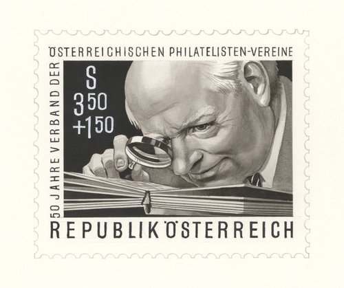 Diseño no adoptado de Stefferl para la emisión que homenajeó en 1971 a la Federación Austríaca de Sociedades Filatélicas. Pintura acrílica y lápiz sobre cartulina, 11.7 x 8.8 cm