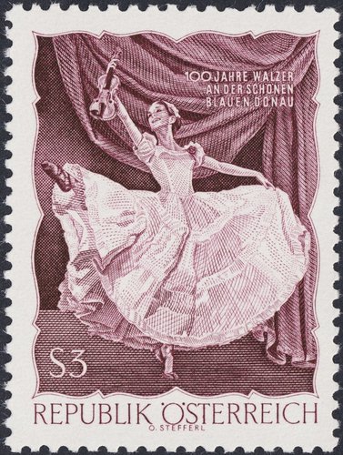 Austria, 1967, Centenario de “El Danubio azul”, vals de Johann Strauss hijo. Diseño y grabado de Otto Stefferl