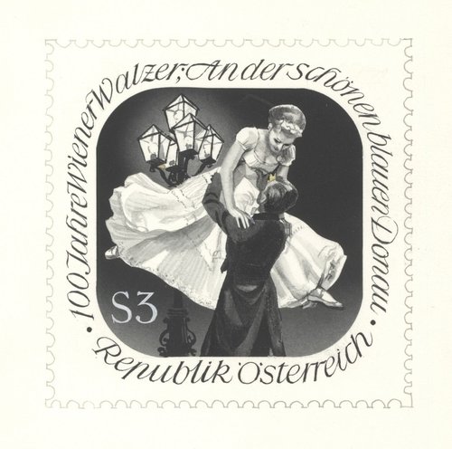 Diseño no adoptado de Stefferl para el sello del vals de Strauss