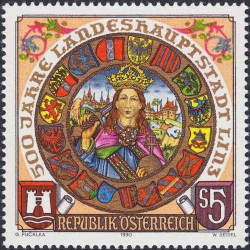 Austria, 1990, V Centenario de la capitalidad provincial de Linz. Diseño de Georg Pucalka y grabado de Wolfgang Seidel. Impresión en huecograbado y calcografía
