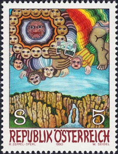 Austria, 1990. Litografía de la serie “Señor del arco iris”, por Robert Zeppel-Sperl. Sello impreso en calcografía y huecograbado