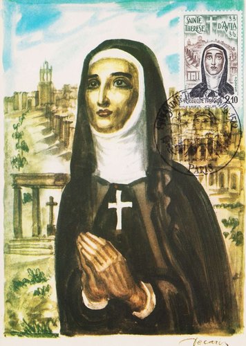Tarjeta postal de 1982, con una acuarela de Santa Teresa de Ávila obra de Decaris