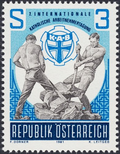 Austria, 1981, 7ª Conferencia Internacional del Movimiento Católico de los Trabajadores austríacos. Diseño de Ferdinand Dorner y grabado de K. Leitgeb. Impresión en huecograbado y calcografía