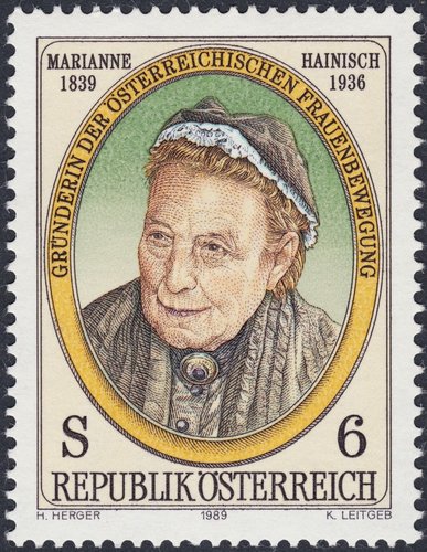 Austria, 1989, centenario del natalicio de Marianne Hainisch (1889-1936). Diseño de Helga Herger y grabado de Kurt Leitgeb. Huecograbado y calcografía