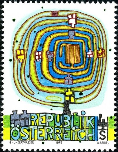 El primer sello diseñado realmente por Hundertwasser. “Árbol en espiral”, Austria, 1975. Sello grabado por Wolfgang Seidel. Impresión en huecograbado y calcografía, con repujado metálico en tipografía