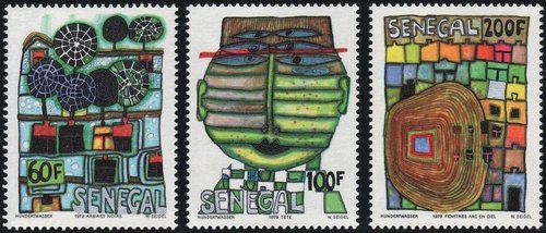 Senegal, 1979, emisión de tres sellos diseñados por Friedensreich Hundertwasser, grabados por Wolfgang Seidel e impresos en la Staatsdruckerei de Viena