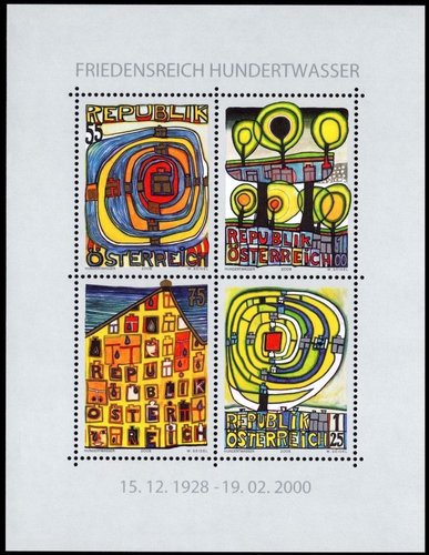 Hojita de 2008 emitida por Austria en honor de Hundertwasser, a partir de los diseños originales de 1975 anteriores. Sellos grabados por Wolfgang Seidel