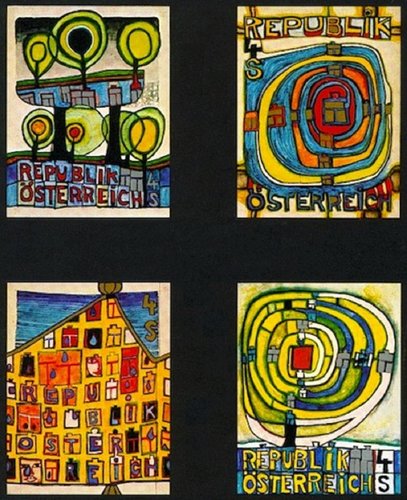 Proyectos originales realizados por Hundertwasser para el sello de 1975, “Árbol en espiral”. Estos diseños serían grabados por Seidel en la hojita emitida por Austria en 2008