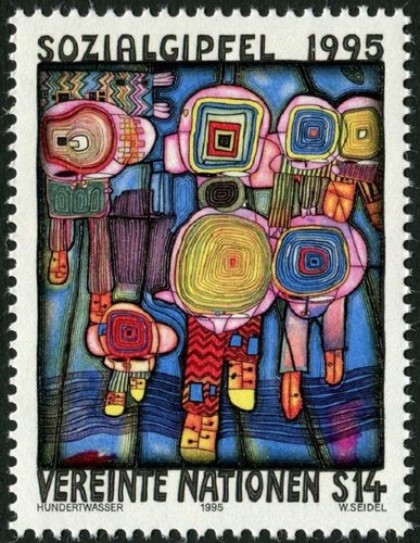 Naciones Unidas, 1995, Oficina de Viena. “Los pensadores” (1982), de Friedensreich Hundertwasser. Sello grabado por Wolfgang Seidel