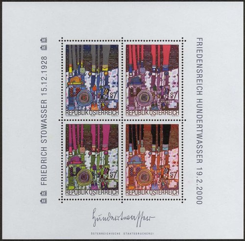 Austria, 2000, homenaje a Friedensreich Hundertwasser, a través de su obra de 1994 Blue Blues. Grabado de Wolfgang Seidel. Calcografía y huecograbado