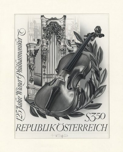 Diseño aprobado para la emisión de 1967 que celebraba el 125 aniversario de la Orquesta Filarmónica de Viena. Pintura acrílica, tinta y lápiz sobre cartulina, 22 x 29 cm