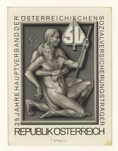 Diseño adoptado para esta emisión de 1973 dedicada al Seguro Social. Pintura acrílica y lápiz sobre cartulina, con las letras marginales superpuestas, 27.5 x 21 cm