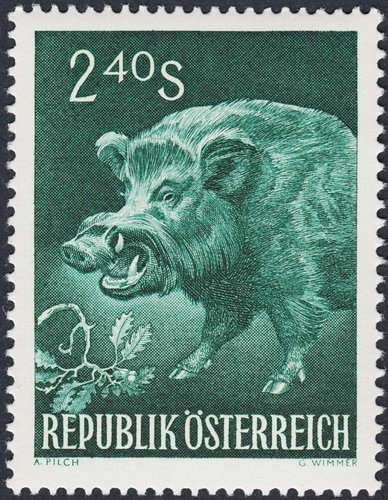 Austria, 1959, Congreso Internacional de la Caza, jabalí. Diseño de Adalbert Pilch y grabado de Georg Wimmer