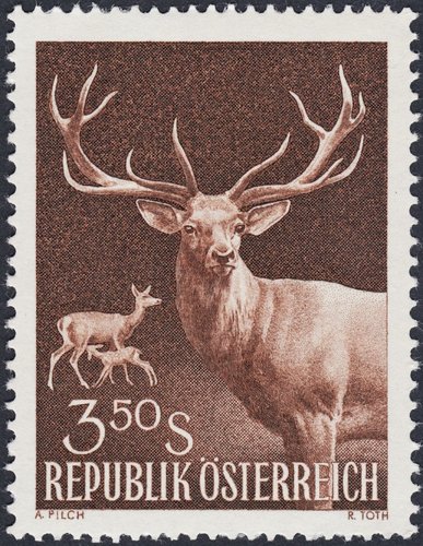 Austria, 1959, Congreso Internacional de la Caza, ciervo. Diseño de Adalbert Pilch y grabado de Rudolf Toth