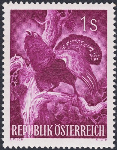 Austria, 1959, Congreso Internacional de la Caza, urogallo. Diseño de Adalbert Pilch y grabado de Rudolf Toth