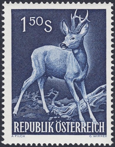 Austria, 1959, Congreso Internacional de la Caza, corzo. Diseño de Adalbert Pilch y grabado de Georg Wimmer