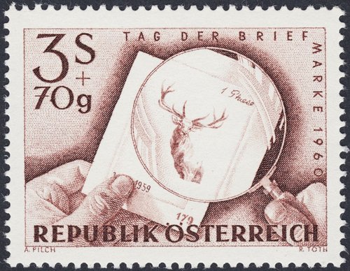 Austria, diciembre de 1960, Día del Sello. Diseño de Adalbert Pilch y grabado de Rudolf Toth. Este sello muestra una prueba de estado del grabado anterior de Toth emitido en 1959