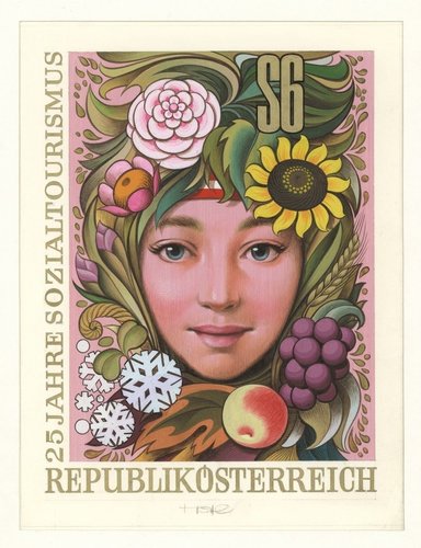 Diseño original de Otto Stefferl para el sello de 1978 que conmemoró el 25 aniversario de la fundación de la Asociación Austríaca de Turismo Social. Pintura acrílica y lápiz sobre cartulina, 27 x 20 cm