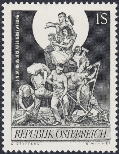 Austria, 1964, centenario de los primeros movimientos sociales de los trabajadores austríacos. Diseño de Otto Stefferl y grabado de Georg Wimmer. Impresión calcográfica