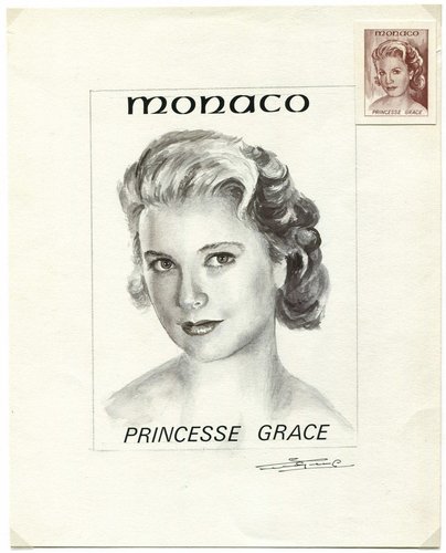 Retrato original de  la Princesa Grace y prueba de grabado adjunta, ambos de Lacaque