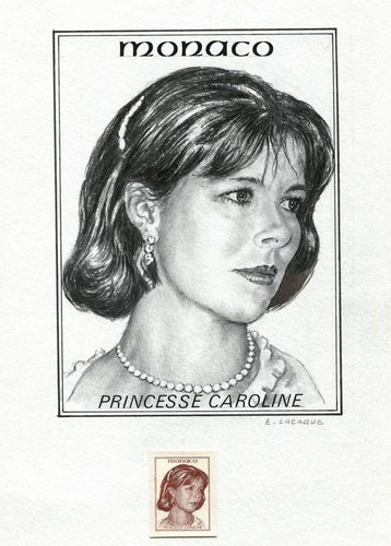 Diseño original de Lacaque, tal vez para un posible sello de la Princesa Carolina no adoptado, pero que el artista llegó a grabar en 1992