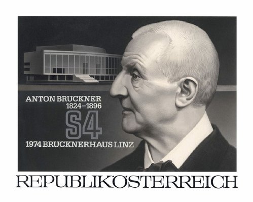 Diseño adoptado para el sello de 1974 de Josef Anton Bruckner, obra de Otto Stefferl. Pintura acrílica y lápiz sobre cartulina, 25.7 x 20.2 cm