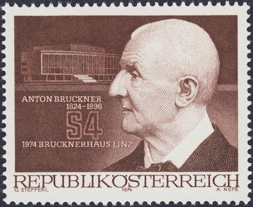 Austria, 1974, 150 aniversario del nacimiento de Anton Bruckner. Diseño de Otto Stefferl y grabado de Alfred Nefe. Impresión en calcografía
