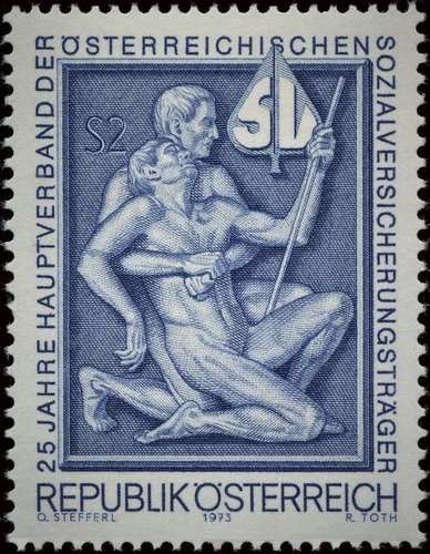 Austria, 1973, 25 Aniversario de la Federación de Institutos de Seguro Social. Diseño de Otto Stefferl y grabado de Rudolf Toth. Impresión calcográfica