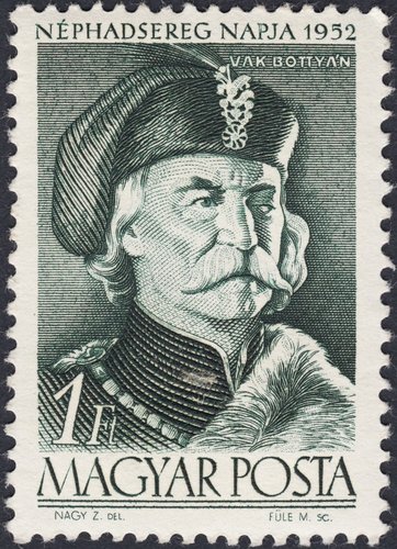 Hungría, 1952, “Día del Ejército”, Bottyán Vak. Sello diseñado por Zoltán Nagy y grabado por Mihály Füle