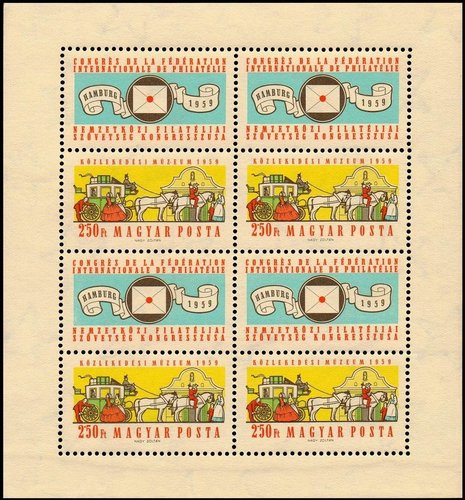 Hungría, 1959, Congreso de la Federación Internacional de Filatelia en Hamburgo. Hojita diseñada por Nagy. Litografía