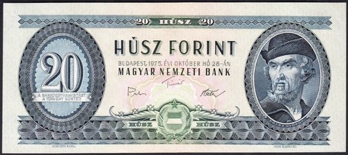 Anverso del billete de 20 forintos puesto en circulación por primera vez en 1947, diseñado por Endre Horváth. Retrato de György Dózsa obra de Zoltán Nagy
