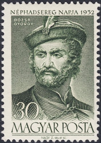 Hungría, 1952, “Día del Ejército”, György Dózsa (1470-1514). Diseño y grabado de Zoltán Nagy