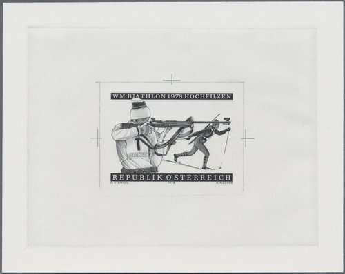 Prueba final de grabado de Alfred Fischer para el sello del Biatlón emitido por Austria en 1978