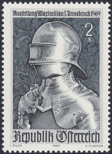 Austria, 1969, Armadura gótica del Emperador Maximiliano I. Exhibición de Innsbruck. Diseño de Adalbert Pilch y grabado de Alfred Fischer. Impresión en calcografía