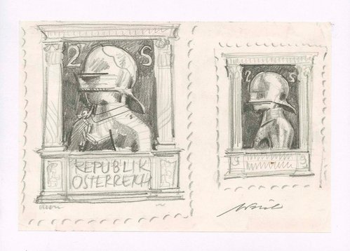 Bocetos a lápiz de Adalbert Pilch para el diseño del gran sello de la armadura de Maximiliano I emitido por Austria en junio de 1969