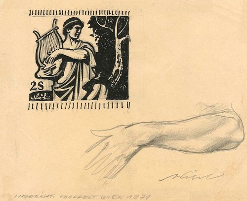 Apuntes a lápiz y tinta de Pilch para este sello de 1971 que grabaría Fischer